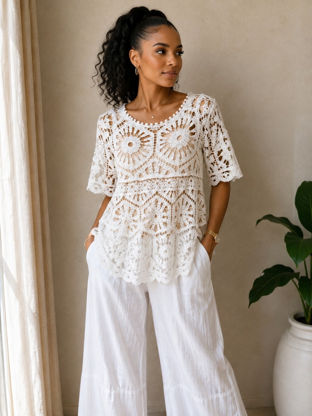 New POL White Crochet Lace Short-Sleeve Tunic
